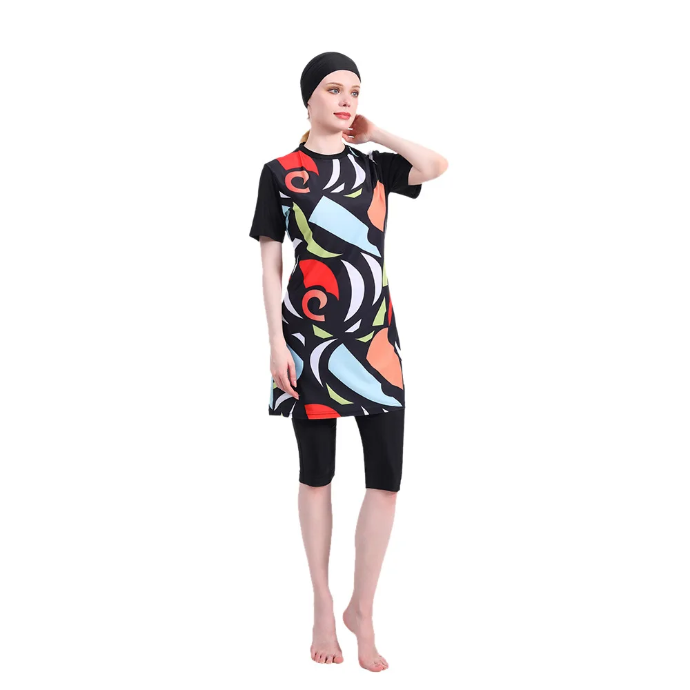 New burkini Muslim women's swimwear Geometric print swimwear three-piece short sleeve conservative high stretch swimwear beach w