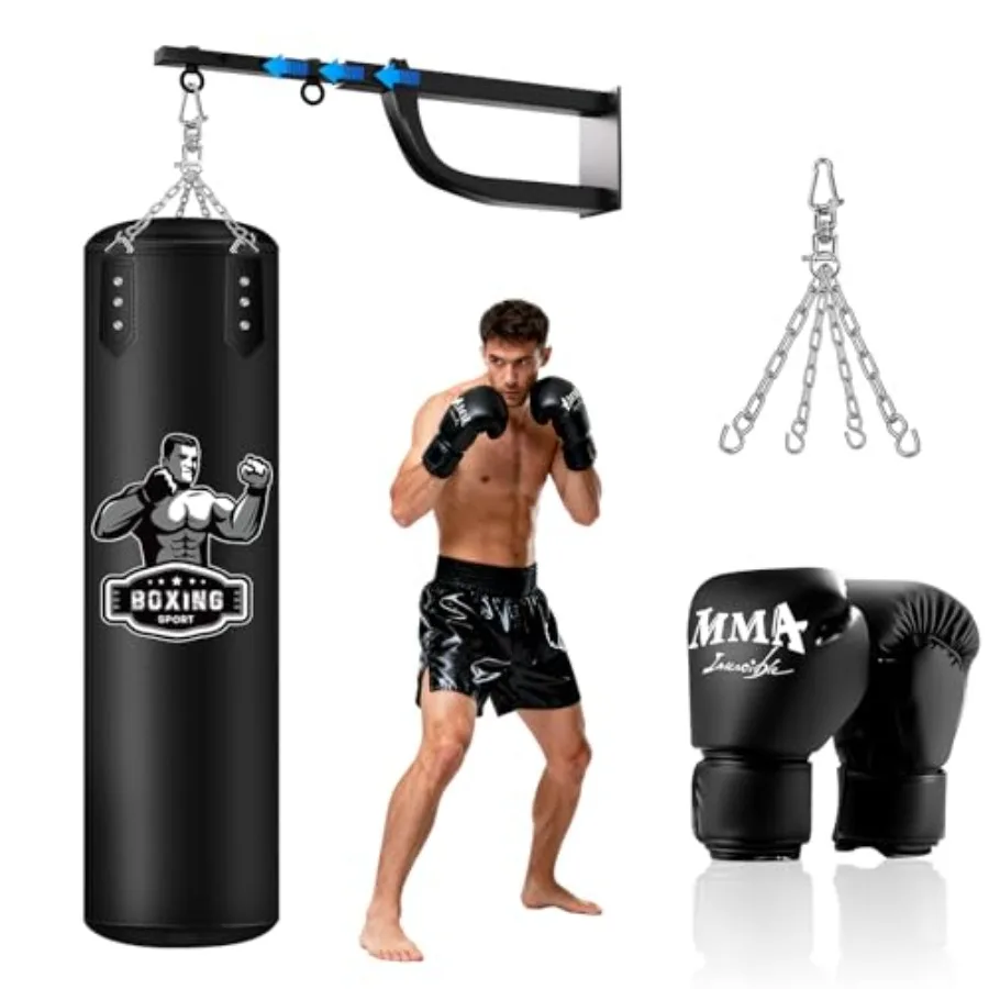 

Hanging Punching Bag for Home Gym Training: Steel Frame Black Adjustable Wall Mount with Boxing Gloves Included
