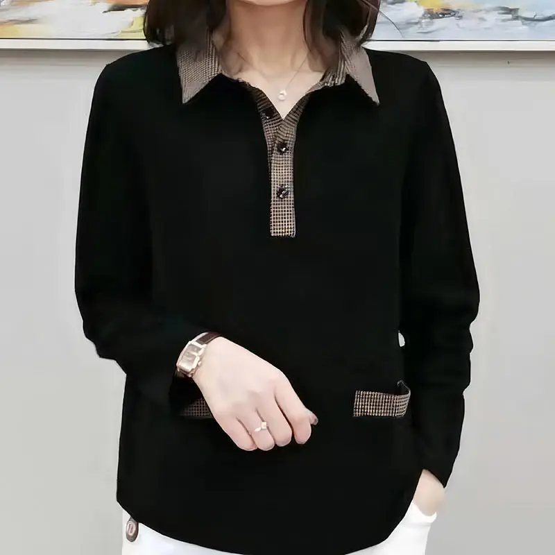 Fashion Lattice Print Spliced Tee Shirt Women Clothing 2022 Spring Autumn Casual Long Sleeve Lapel Oversized Loose Blouses Femme