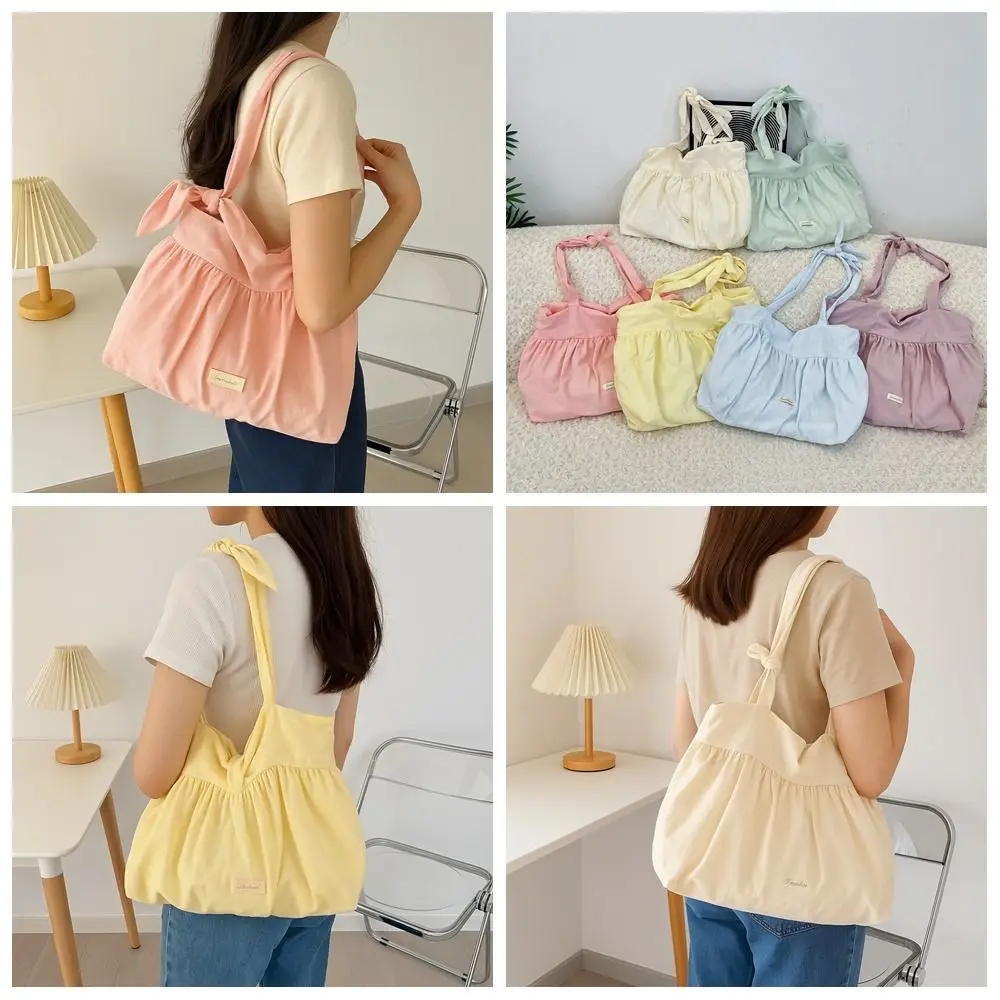 

Sweet Canvas Pleated Shoulder Bag Bow Large Capacity Pleated Hobo Bag Fresh Color Korean Style Korean Underarm Bag Shopping