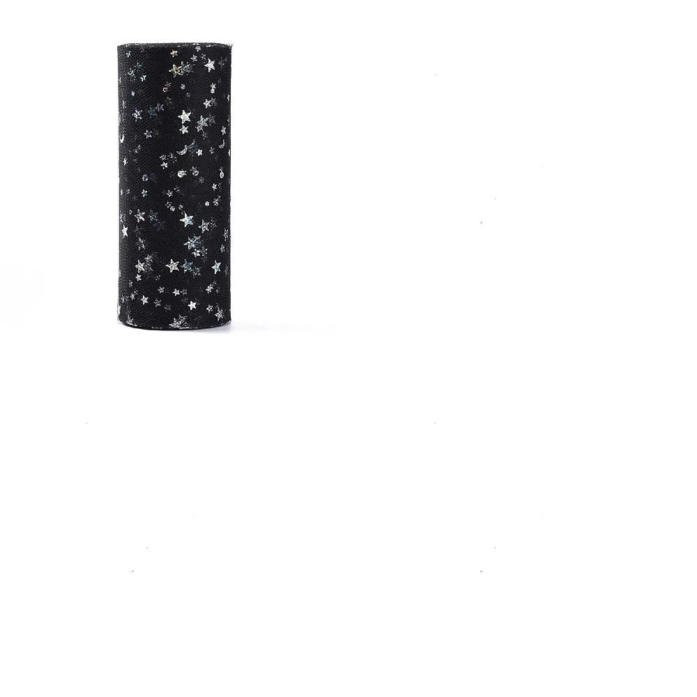 1 rollo de cinta de tul con lentejuelas brillantes, tela de tul en rollo para hacer faldas, patrón de luna y estrella, negro, 6 pulgadas