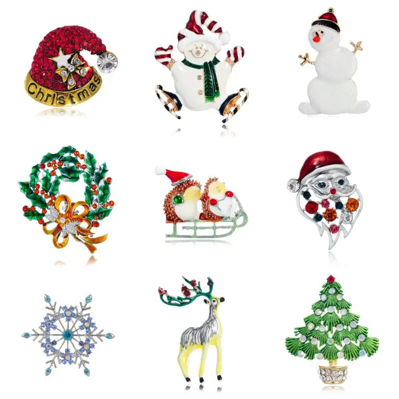 جديد المينا عيد الميلاد دبابيس شجرة عيد الميلاد ثلج سانتا القبعات الرنة ندفة الثلج دبابيس معدنية عيد الميلاد المجوهرات الزخرفية