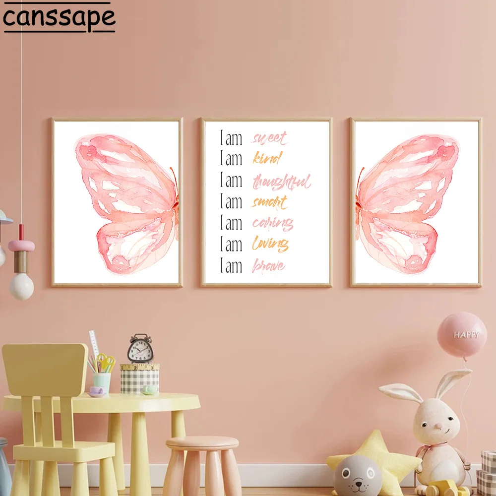 Inspirational Words Print Pictures Pink Butterfly Wall Art Brave Canvas Painting Nordic Nursery Posters Kids Girls Bedroom Decor