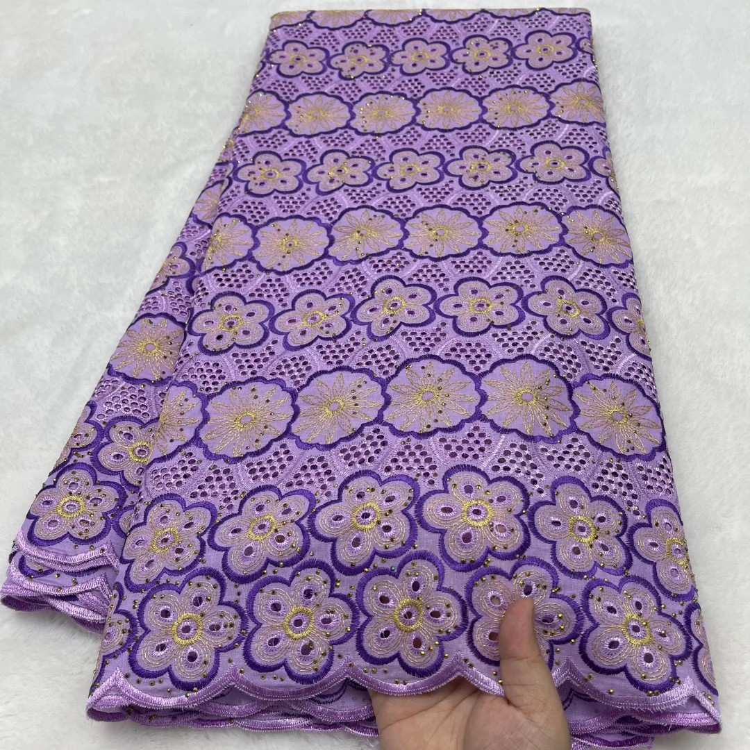 

High Quality Nigerian 100% Cotton Lace Fabric Stones 2026 African Swiss Voile Lace Fabric For Sewing Women Wedding Party Dresses