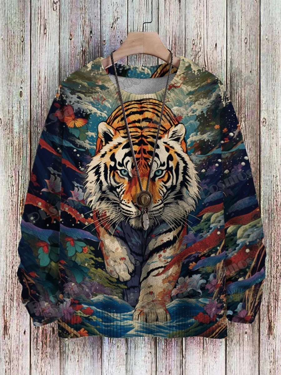 Jersey de punto con estampado 3D de arte de tigre y León colorido para hombre, Jersey de punto informal Unisex de invierno ZZM114