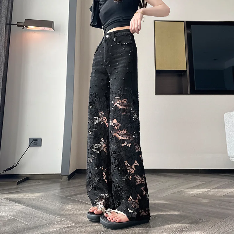 

Модные женские джинсы с кружевными вставками и широкими штанинами, новые летние тонкие свободные брюки с горячими стразами, популярные широкие брюки