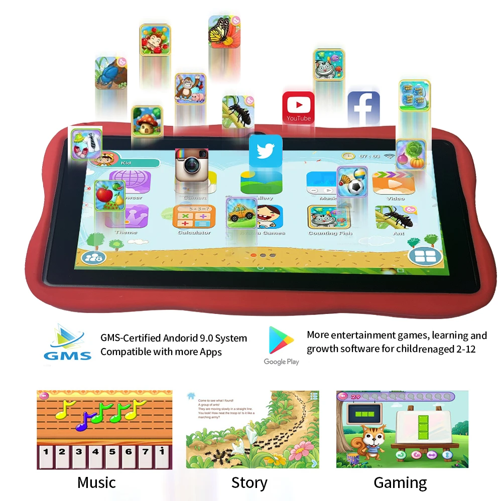 Neues Original-Cartoon-Kind-Tablet mit 4 GB RAM und 64 GB ROM, unterstützt Google Learning Education Android 9-System, 4000-mAh-Akku