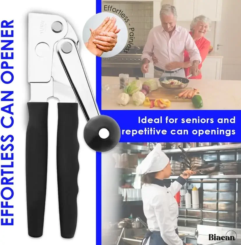 Commercial Heavy Duty Manual Can Opener for Large Cans Magnetic Lock Folding Hand Crank & Extra Long Ergonomic Handle Rustproof