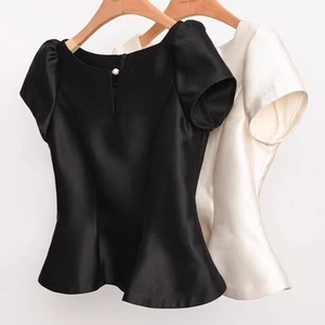 Frauen -Monochrome -Hemden mit Kragen O, Puffärmelblusen, Reißverschlussbereichen, elegant und gemäßigt, Sommer 2021, 2024 12 Hauptverkaufsbluse Reißverschluss - №12