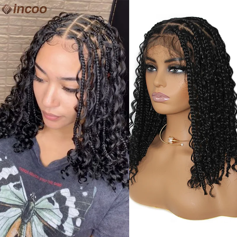 

Synthetic Knotless Braided Wigs Women 12 Inches Boho Short Cornrow Braids Wig Full Lace Frontal Wig Curly Ends Square Box Braids