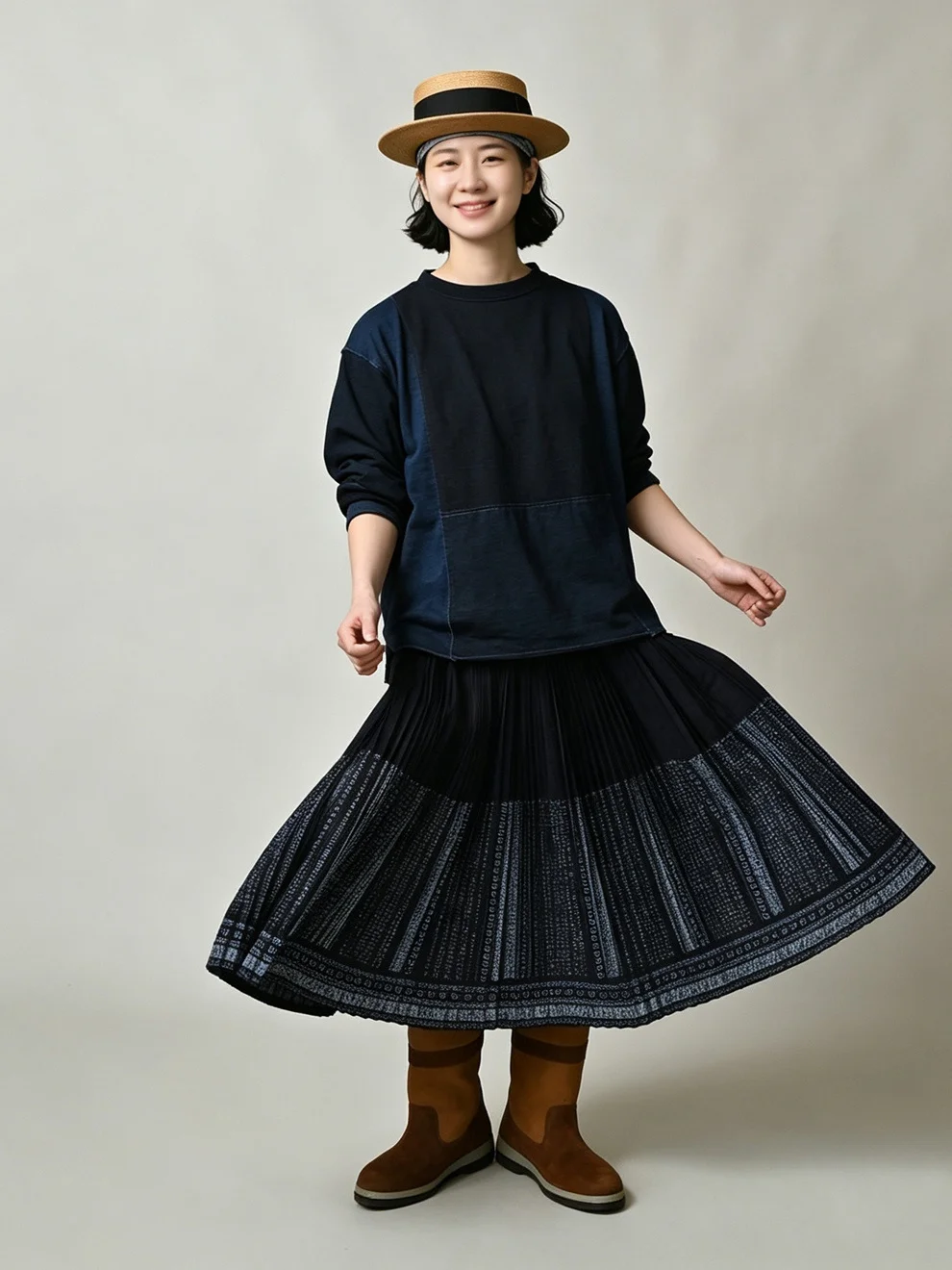 Japanese Style Loose Shoulder Long Sleeve T-Shirt Indigo Dyeing Contrast Color Splicing Stitching Top Women's Fashion Autumn ...