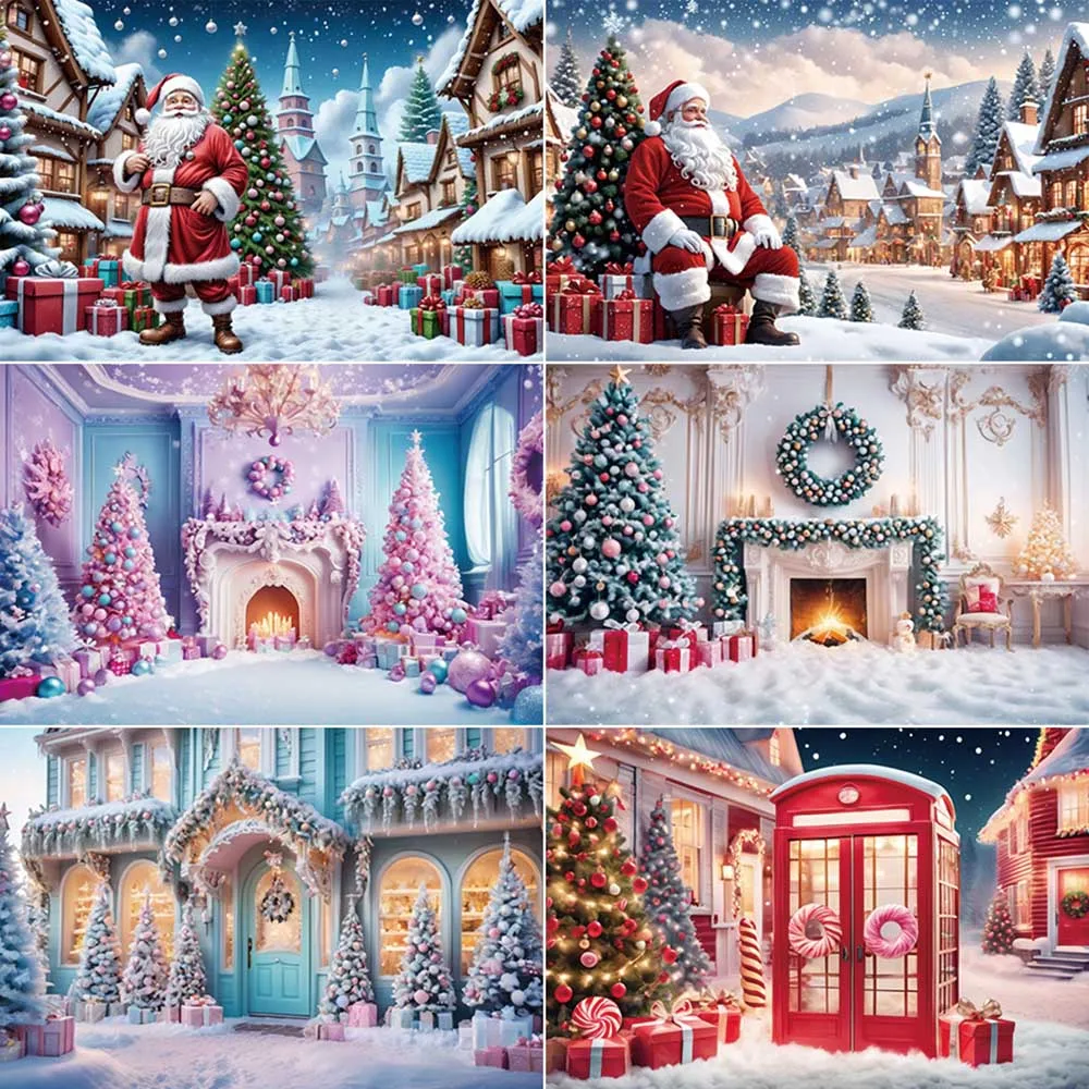 

MOON.QG 2025 Christmas Photography Backdrop Xmas Party Photo Studio Background Gift Tree Fireplace Winter Village Deco Back Drop