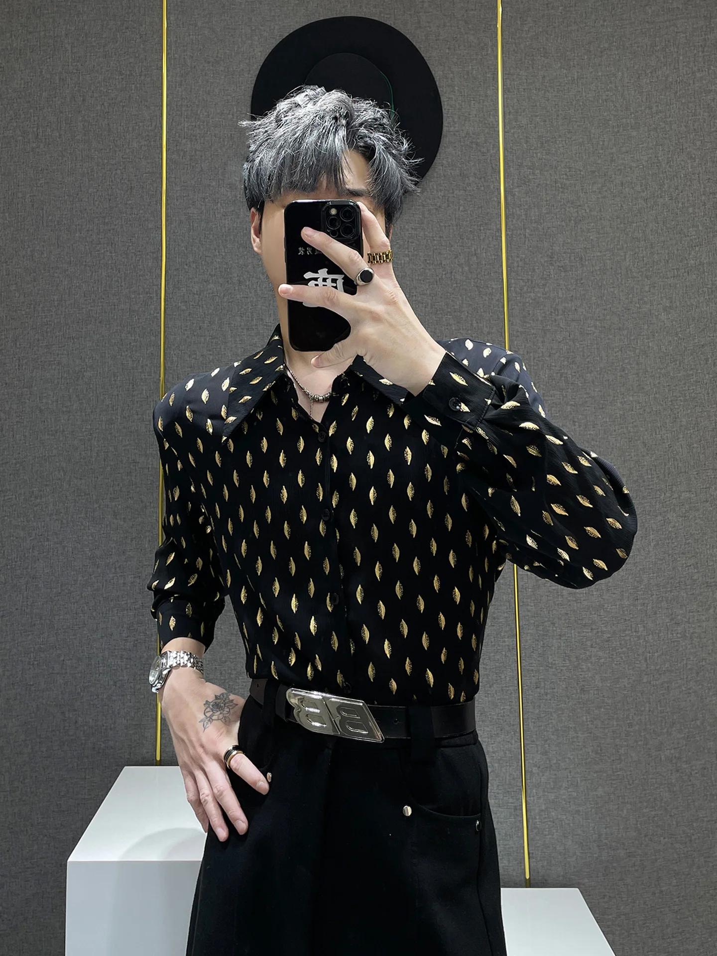 

Gold Le Printed Casual Loose Long Sve Men's irt Thin Breathable Comfortable Summer Faion Button down Collar