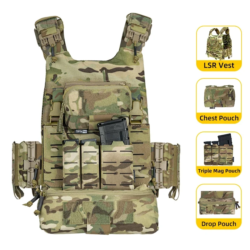 IDOGEAR LSR Tactical Vest with Triple Mag Pouch Drop pouch Chest pouch Quick Release Buckle Lightweight Gear Camping Hiking Vest