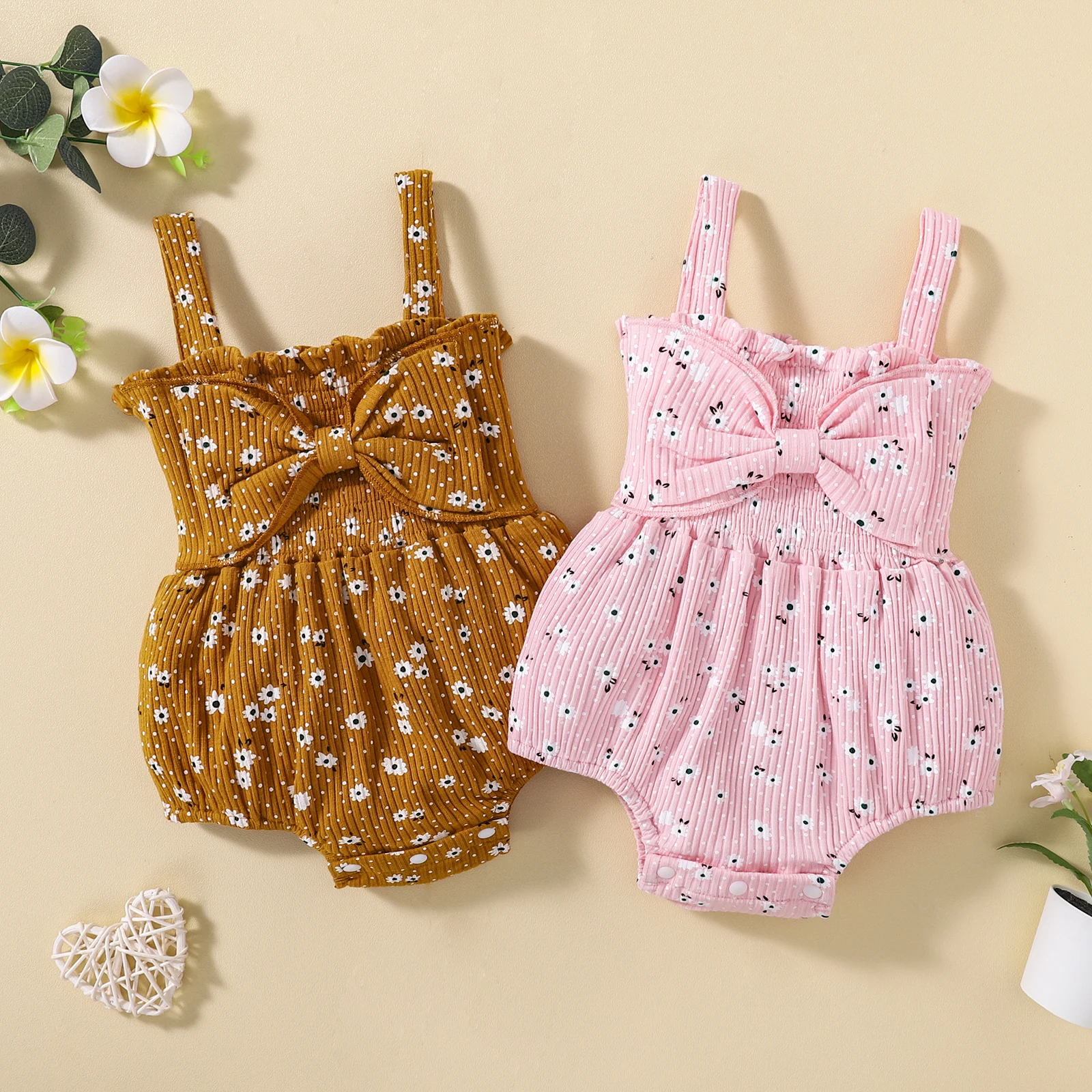 Summer Newborn Ribbed Bodysuit, Baby Girls Sleeveless Flower & Dot Print Jumpsuits with Bow Elastic Playsuits