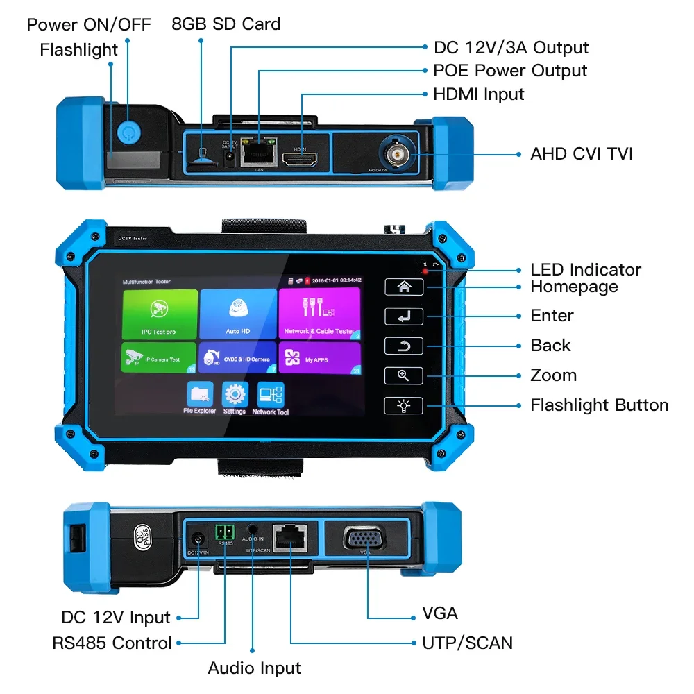 4K CCTV Test IPC Tester Monitor Camera Testing Tool 8MP AHD CVI IPC Camera Test VGA HDMI Input PTZ PoE RJ45 UTP Cable Test