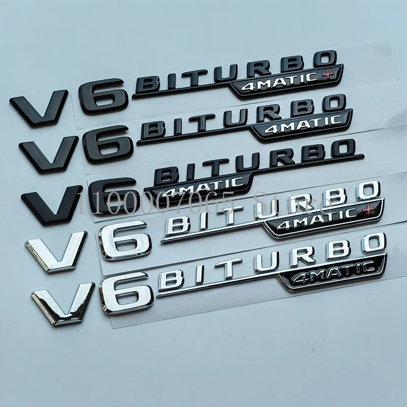 2017 Flat Letters V6 Biturbo 4matic + Plus  ABS Emblem Car Fender Side Nameplate Logo Sticker Chrome Black