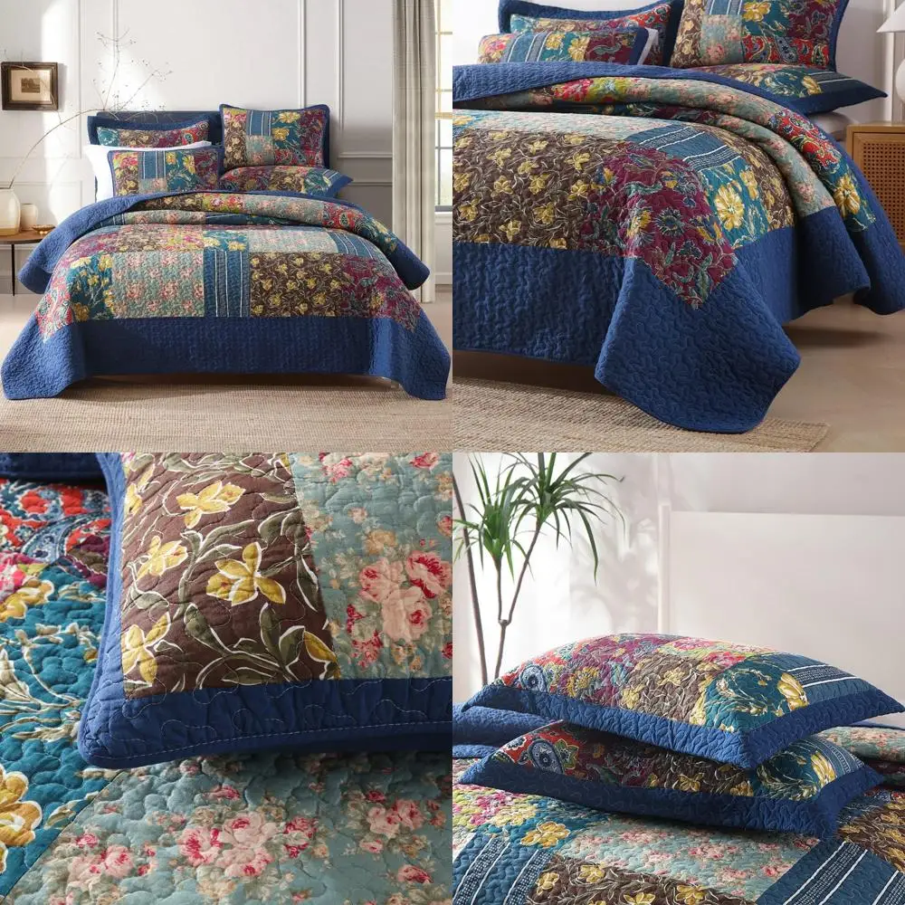 

Queen Size Reversible Cotton Patchwork Quilt Set with Vintage Blue Floral Paisley Design