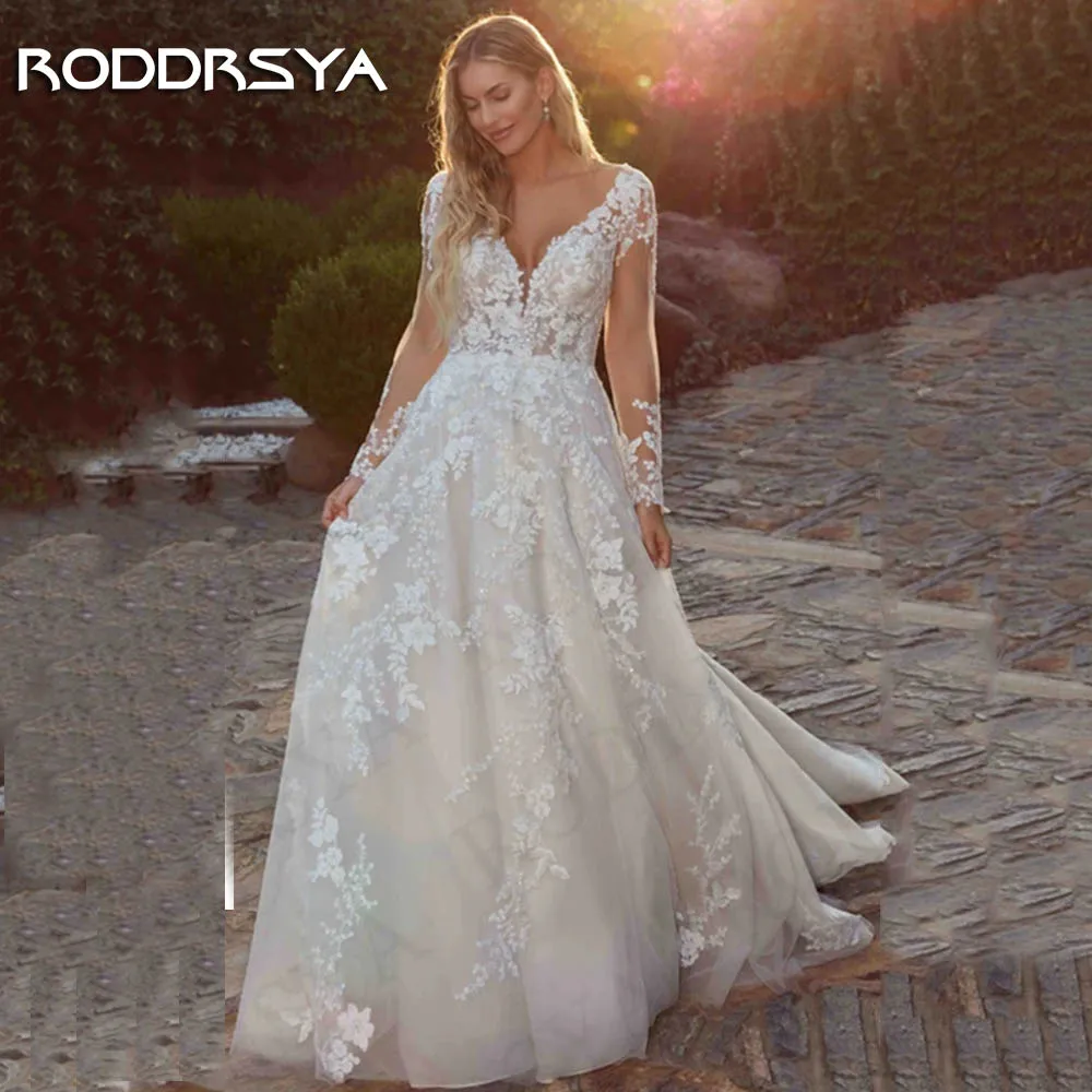 RODDRSYA Long Sleeves A Line Wedding Dresses For Woman 2024 Bride V Neck Tulle Bridal Dress Appliques Backless abito da sposa