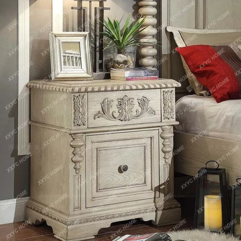 X-S country solid wood chest retro ivory white old storage engraved five drawers