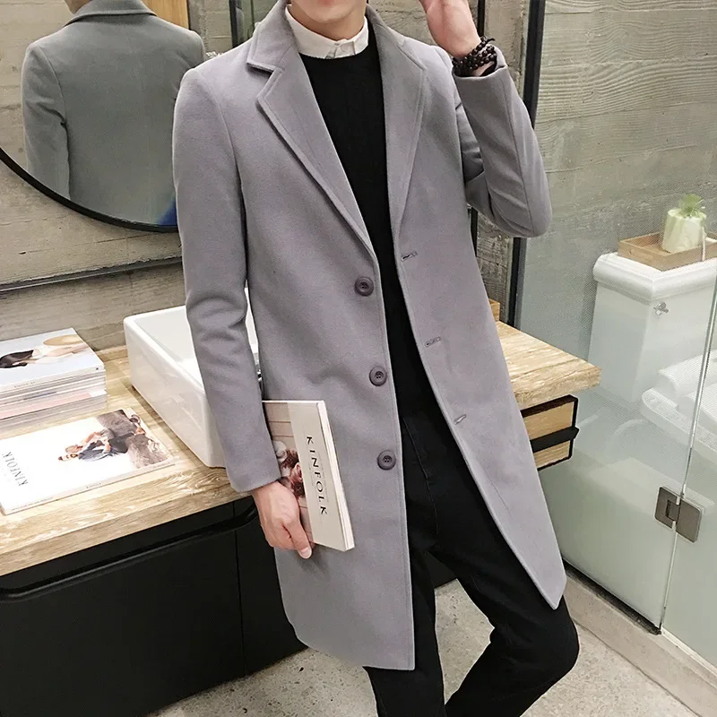 

Men Long Cotton Coat 2023 Autumn Winter New Wool Blend Pure Color Casual Business Fashion Slim Windbreaker Jacket Men Clothing