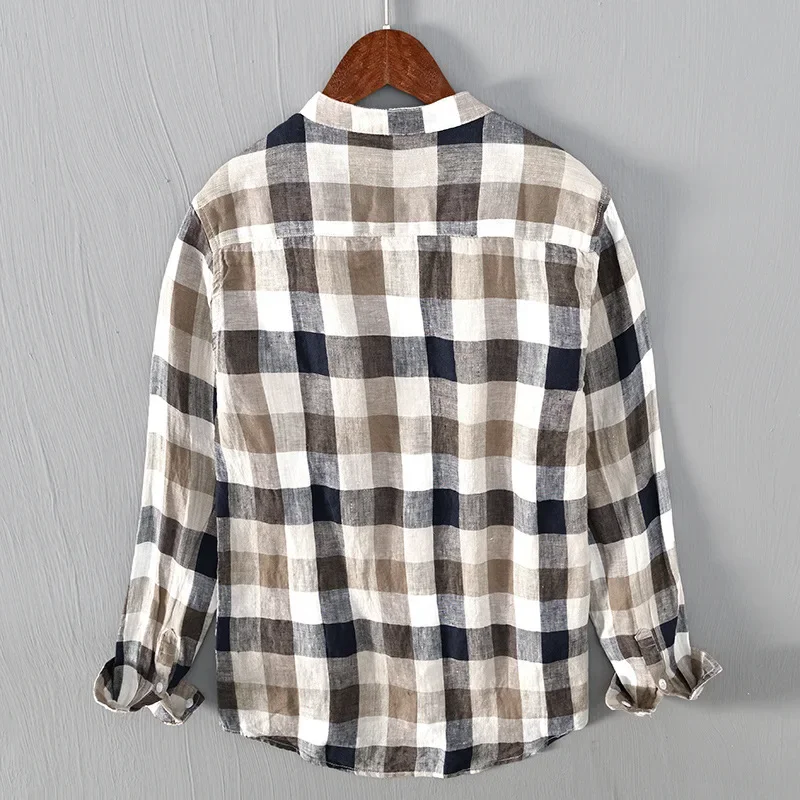 Men Clothing 2022 Fresh Striped Linen Long-sleeved Plaid Shirt Men\'s Youth Casual Shirt