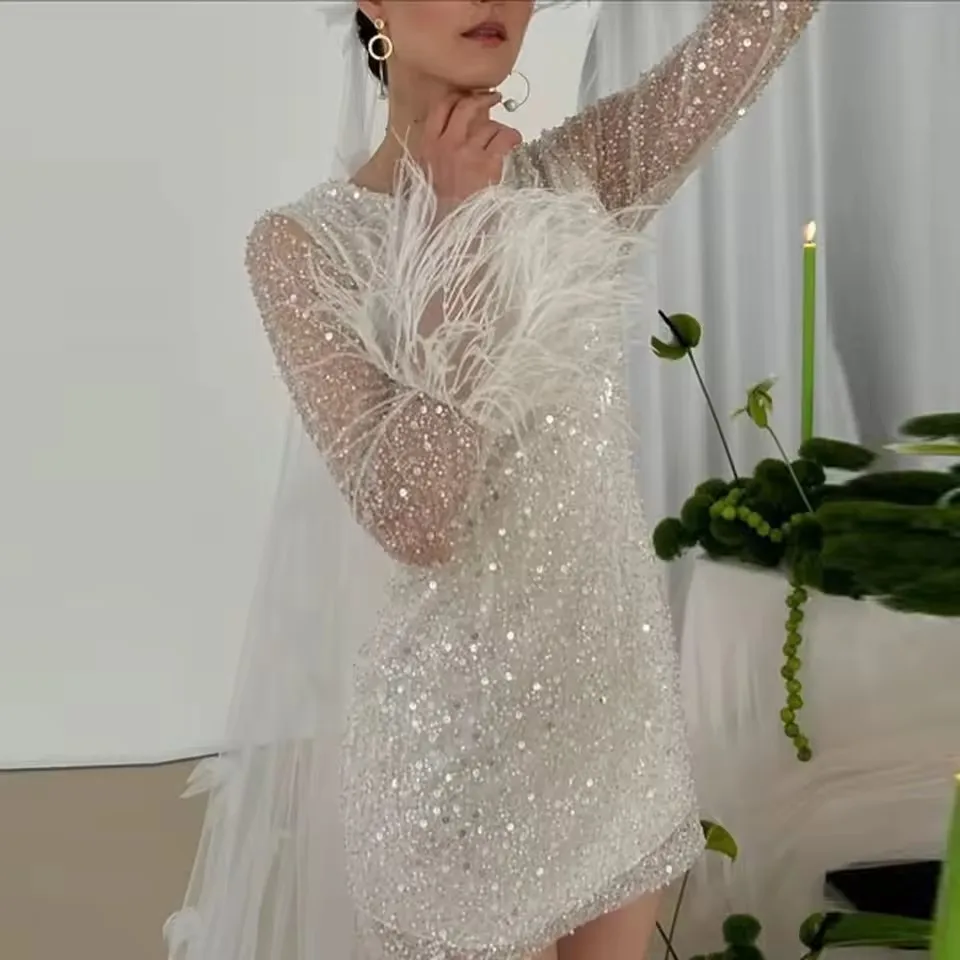 Luxury FeatherLace Short Formal Dresses With Sparkle Beaded Pretty Full Sleeves Mini Bridal Dress Without Veil