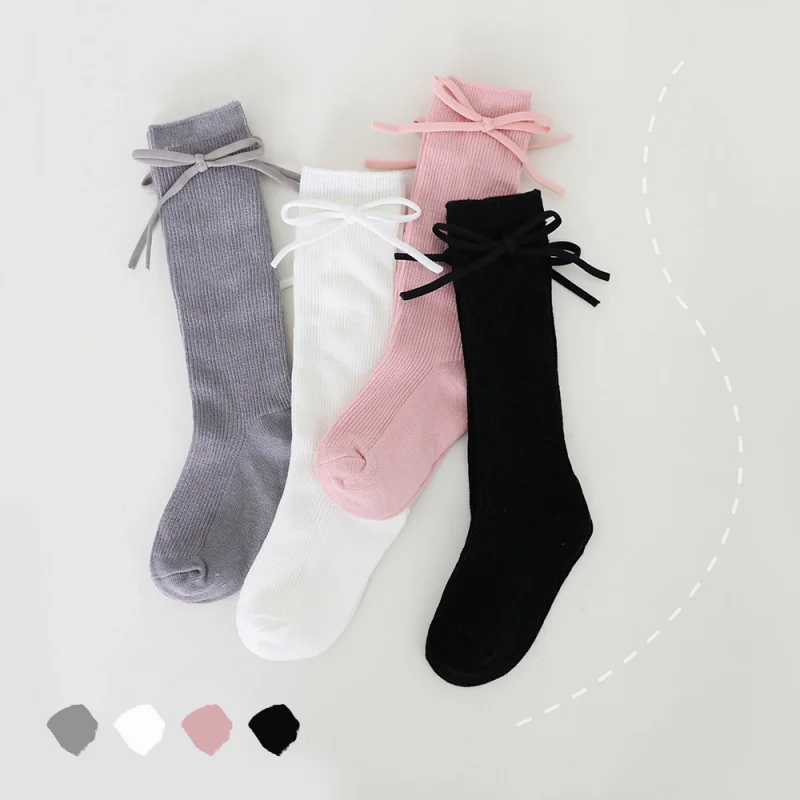 1 Pair Cute Bow Calf Sock for Kids Girl Retro Sweet Prinicess Bow Baby Girl Sock Spring Autumn Solid Color Cotton School Sock