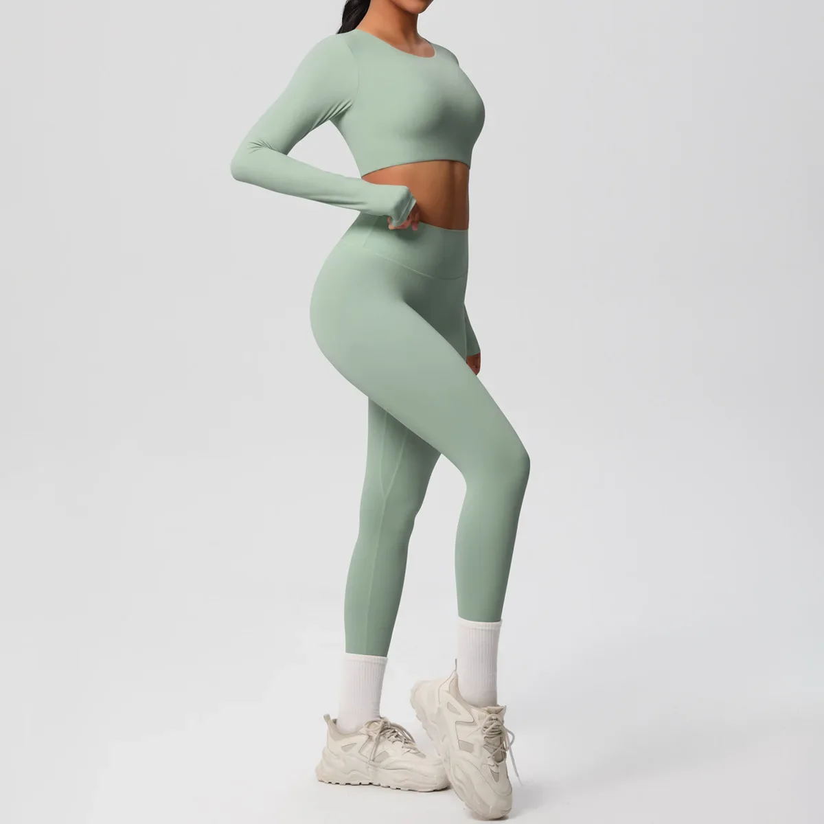 Seamless GYM ชุดสตรีชุดกีฬาแขนยาวเสื้อผ้าโยคะฟิตเนส Crop TOP กางเกงขายาวเอวสูง 2 ชิ้นชุดกีฬาออกกําลังกาย