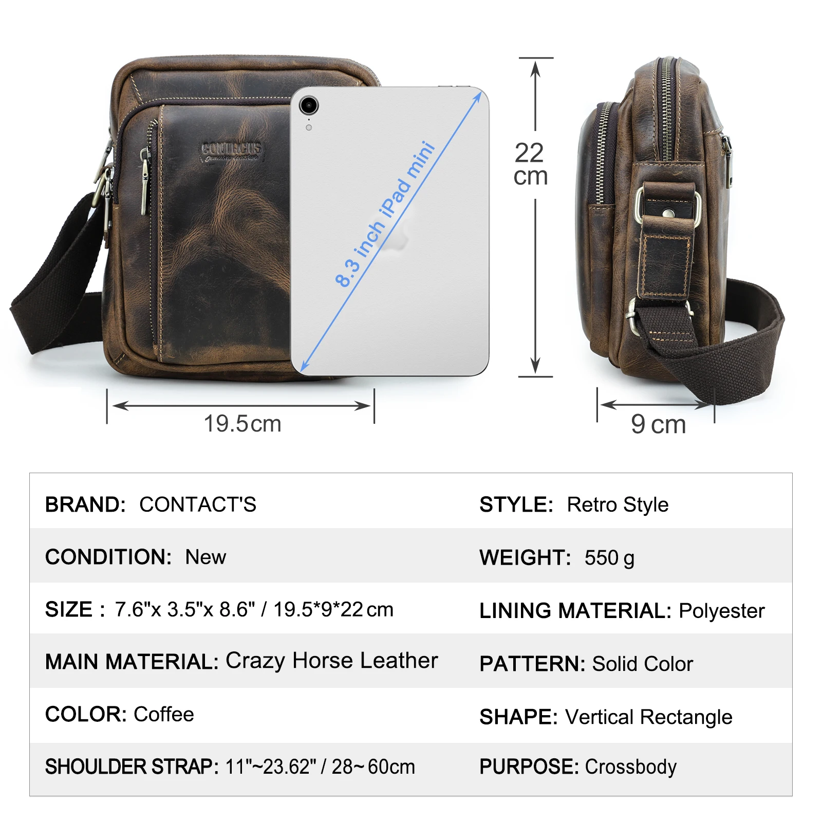 Vintage Crossbody Shoulder Bag Genuine Crazy Horse Leather 8.3 inch Ipad Mini Retro Messenger Bag Stylish Casual Male Travel Bag