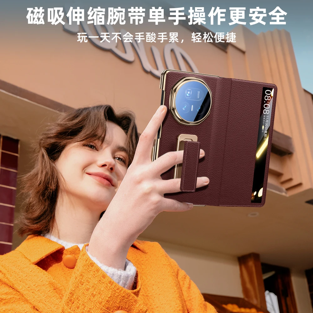 

Чехол для Honor Magic V5, высококачественный чехол из натуральной кожи с автоматической вытяжкой на палец, металлическая подставка, защитный чехол с двойным шарниром