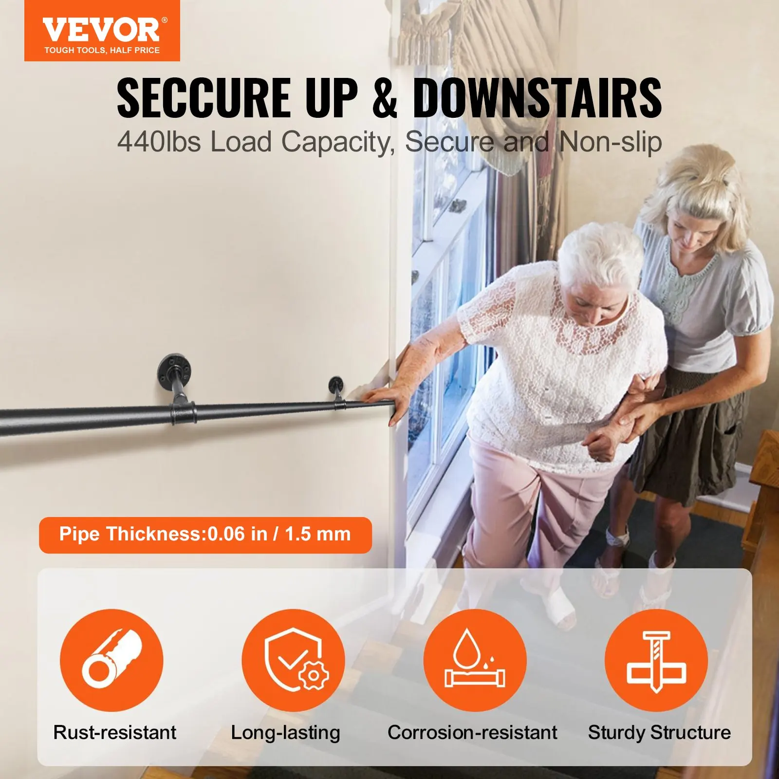

Pipe Stair Handrail, 10FT Staircase Handrail, 440LBS Load Capacity Carbon Steel Pipe Handrail, Industrial Pipe Handrail With