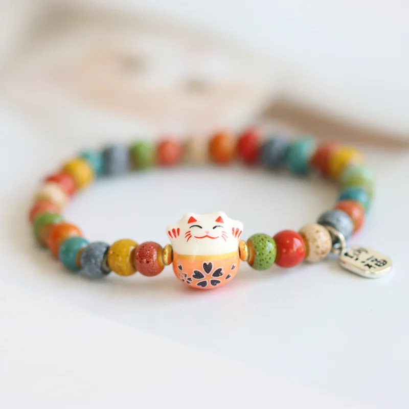 Cute Lucky Cat Bracelet For Girls Adjustable Colorful Beaded Bracelets Ceramics Cat Pendant Charm Bracelets Jewelry Wholesale