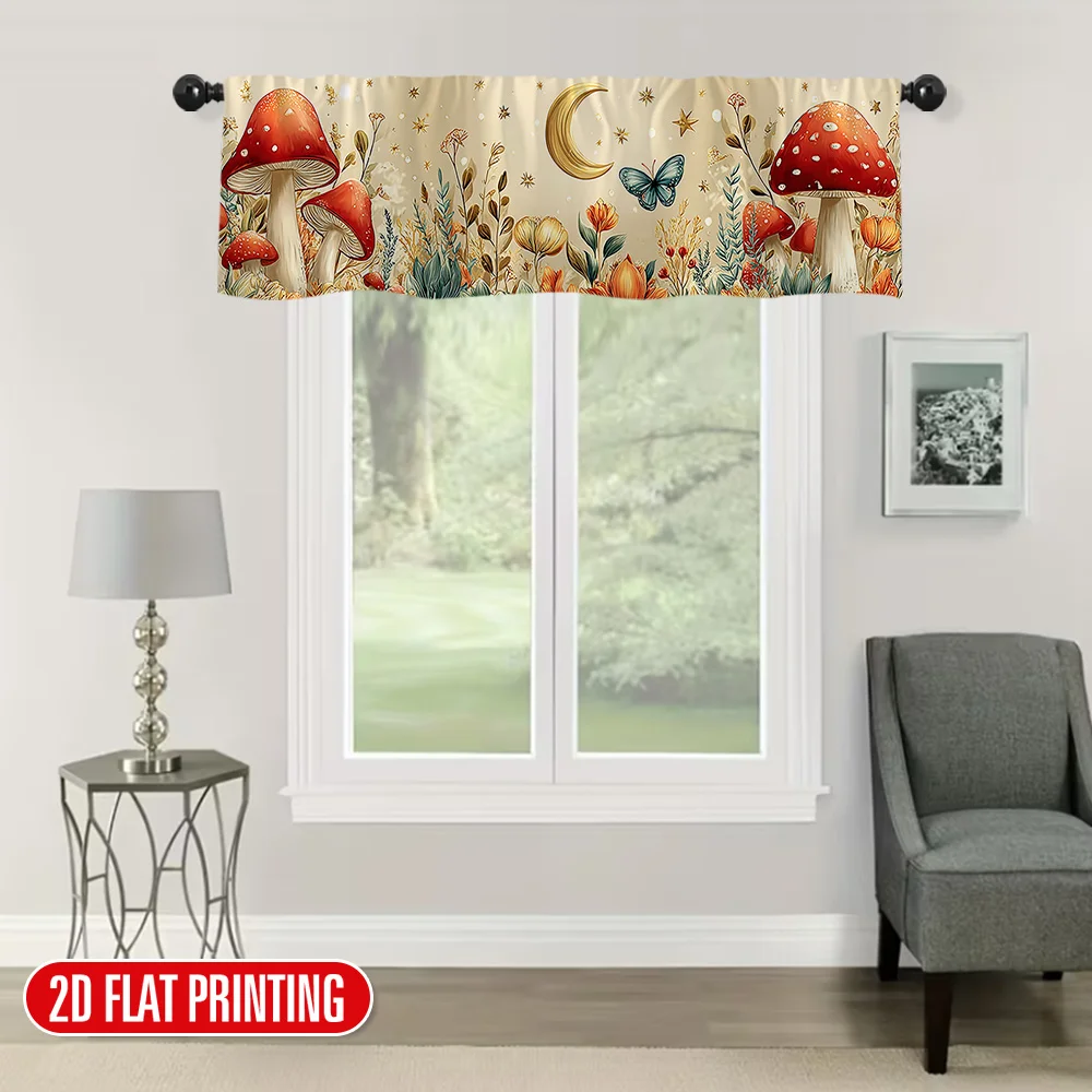1pc Printing Mushroom Garden with Moon Valance Curtain, Rod Pocket Design, Easy Installation, Suitable for Kitchen, Bathroom view 2
