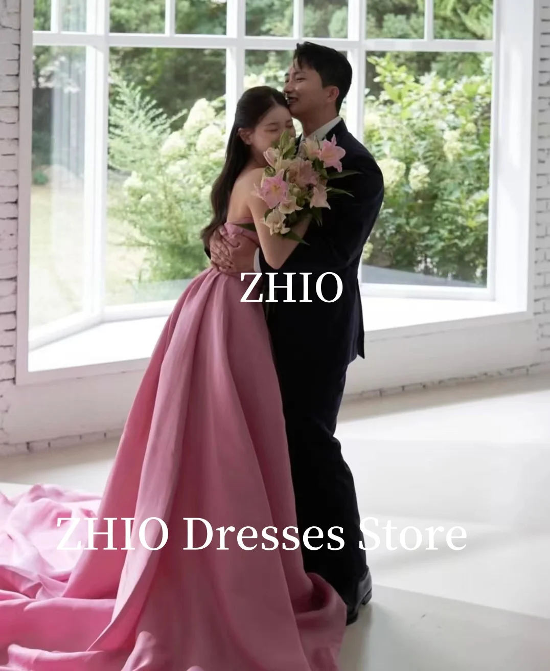 ZHIO Pink Wedding Dresses A-Line High Slit Floor Length Sweep Train Bridal Gown Korea Photo Shoot Customized Elegant