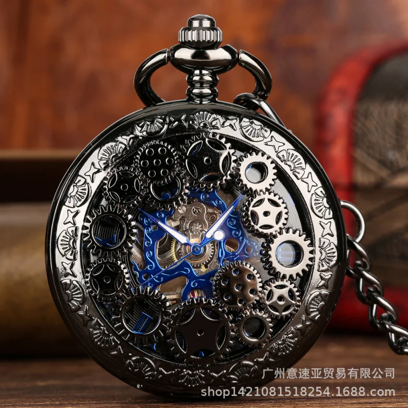 New Products in Stock Hot Sale Hollow Gear Blue Roman Face Manual Manipulator Large Pocket Watch Male and Female Student Pocket