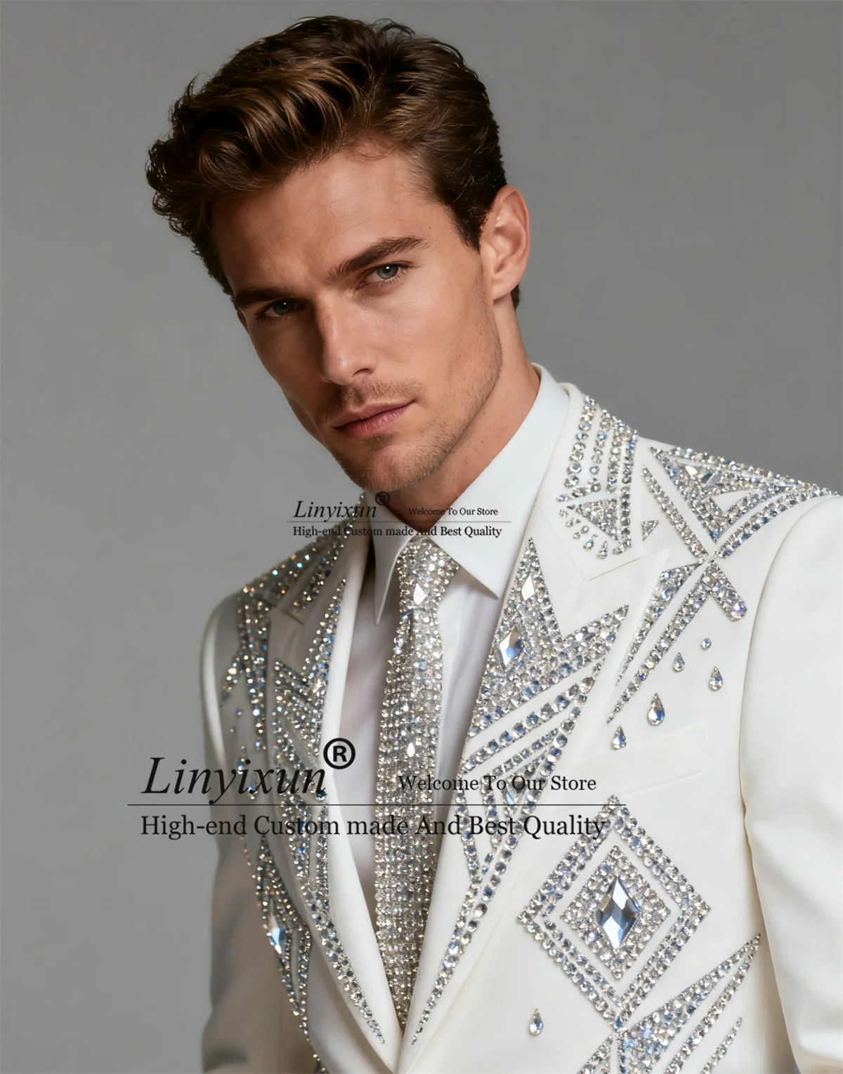 

High End Gem Rhinestone Tuxedos Men Suits Customized 2 Pieces Sets Groomsmen Wedding Party Ropa Blazer Handsome Costume Homme
