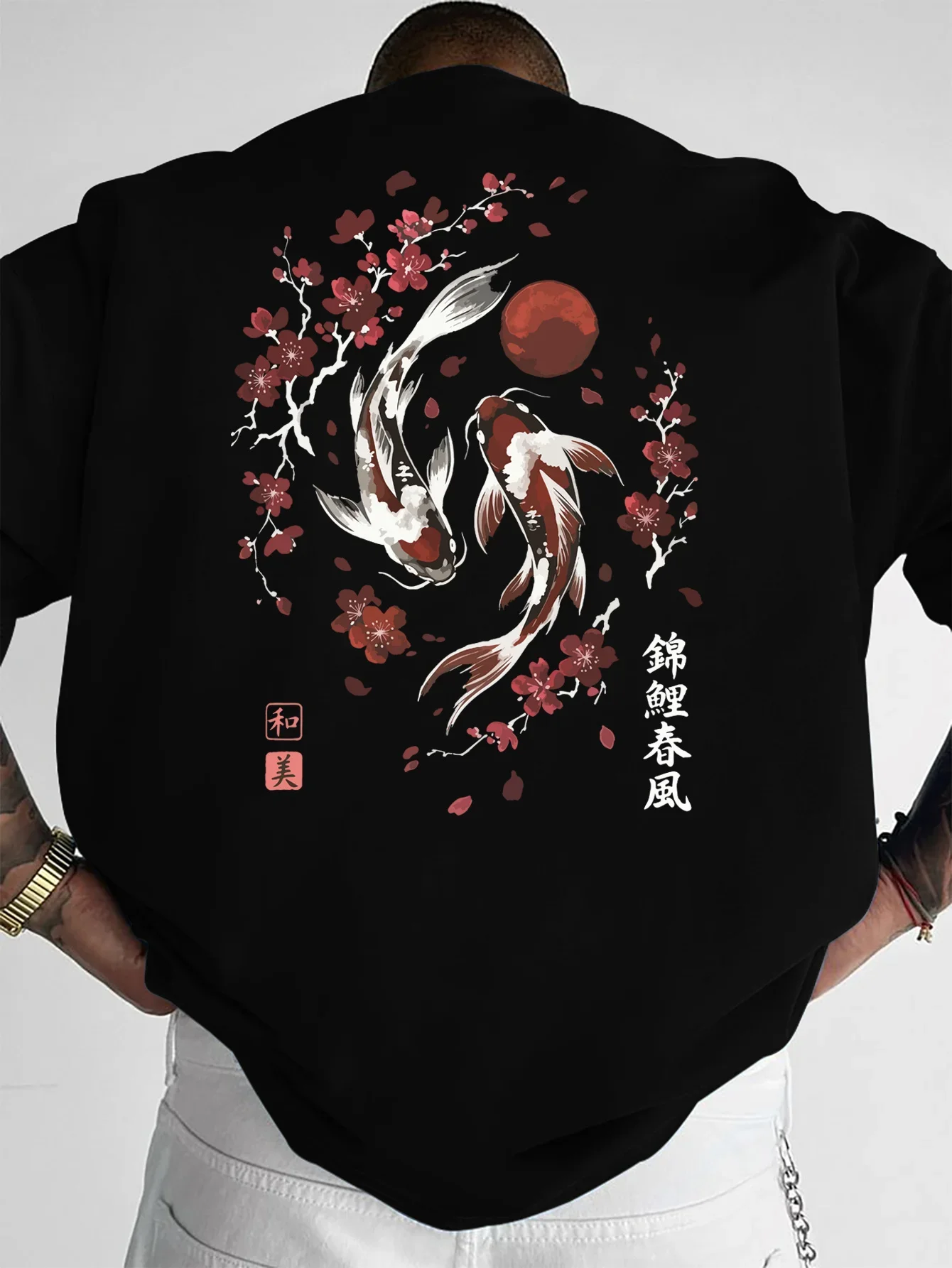 Men Japanese Koi Fish T Shirt 100% Cotton Sakura Red Sun Ink Graphic Print Oversized Streetwear Vintage Casual Short Sleeve Tee