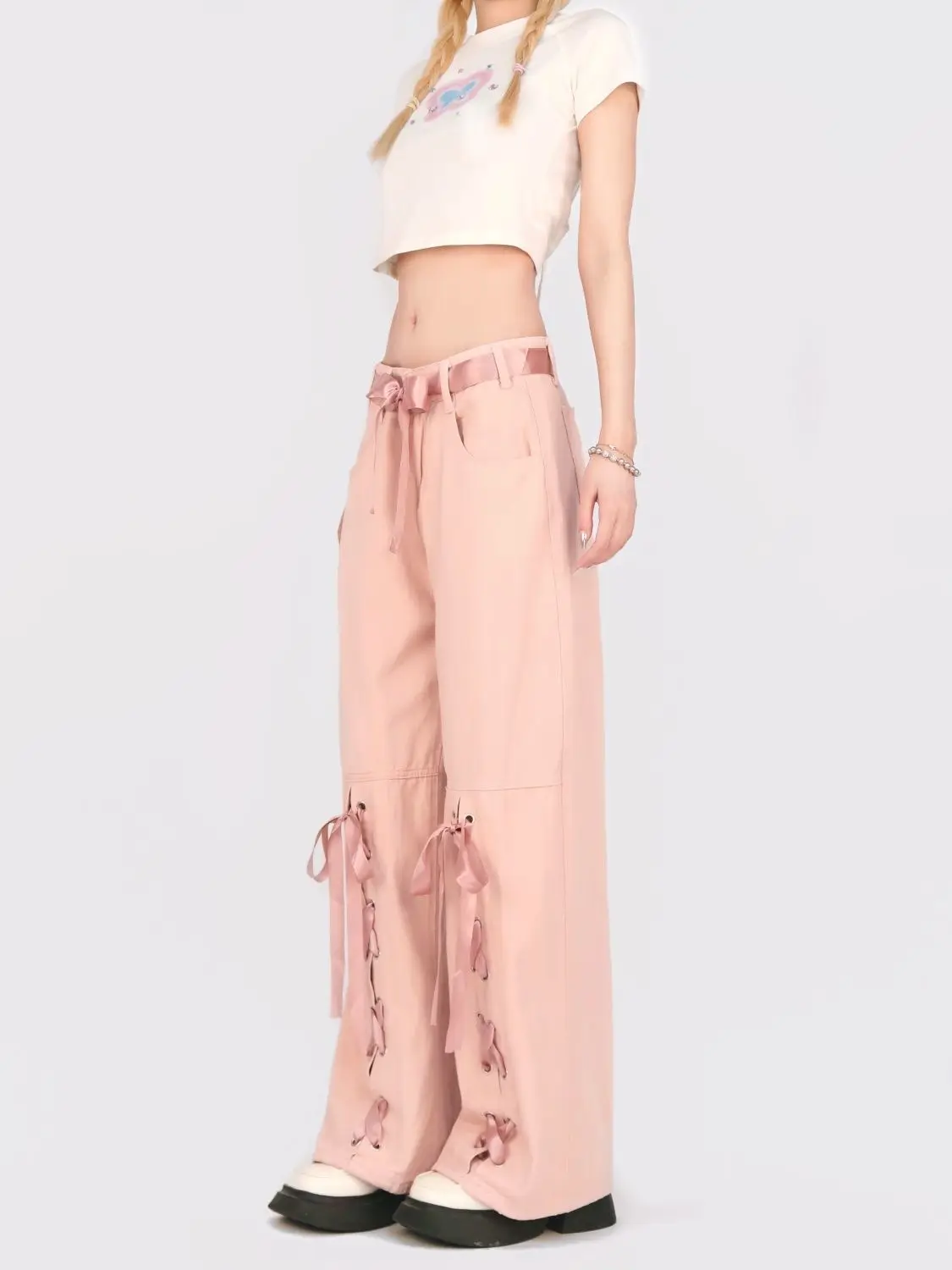 الشارع الشهير الدانتيل يصل الحلو الوردي الدوبامين Y2k الجينز النساء فضفاض Harajuku 90s الجمالية سراويل جينز خمر بنطال ذو قصة أرجل واسعة