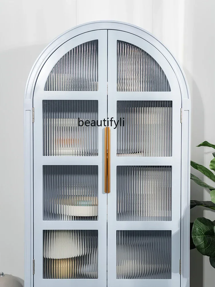 

07French Cream Style Arched Bookcase Home Wall High Cabinet Multi-Functional Minimalist Glass Cabinet