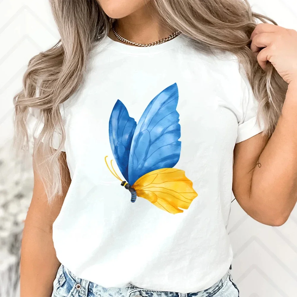 Summer New Top Women Short Sleeve Round Neck Top Women Ukraine Butterfly Graphic Aesthetic Print Tee High Quality Cheap Lady Tee