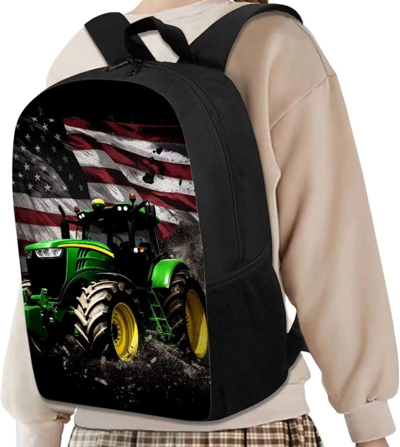American Flag Tractor Backpack for Boys with Lunch Box Set - Kindergarten to Elementary School Kids 3Pcs Back to School Set