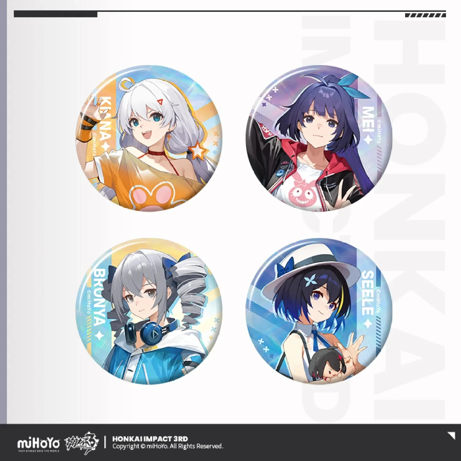 

58MM Game Honkai Impact 3rd Cosplay Accessories Summer Carnival Theme Badge Kiana Bronya Metal Laser Pin Mei Seele Brooch Gift