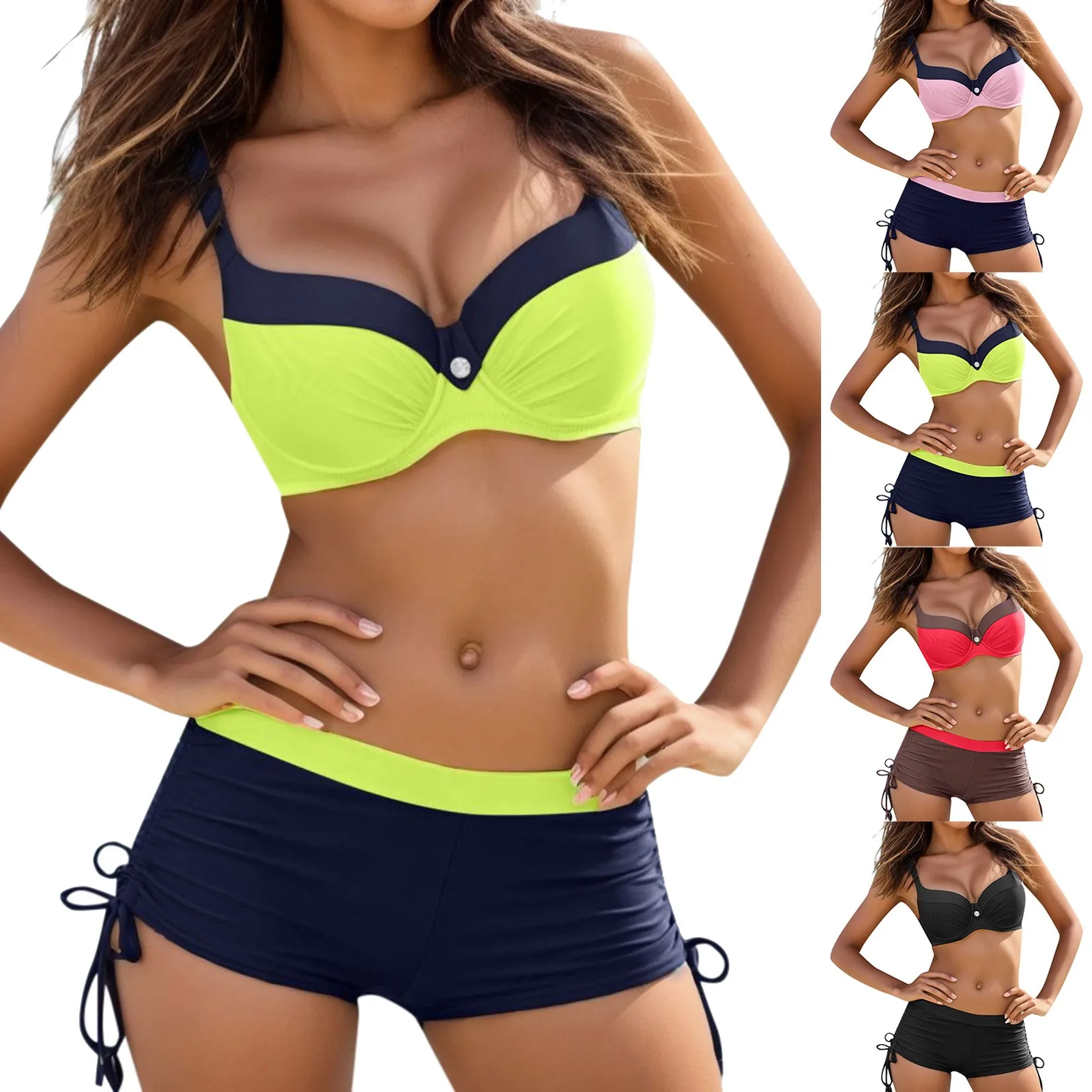 Bloqueio de cores feminino impresso biquíni, maiô, push up beachwear, cintura baixa, swimwear sexy, conjuntos tankinis, elegante