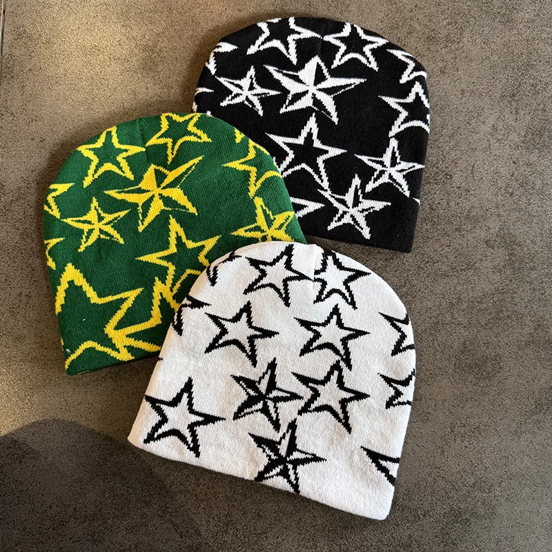 Warm Street Versatile Color Block Beanies Fashion Autumn and Winter New Unisex American Hip Hop Five-pointed Star Knitted Hats