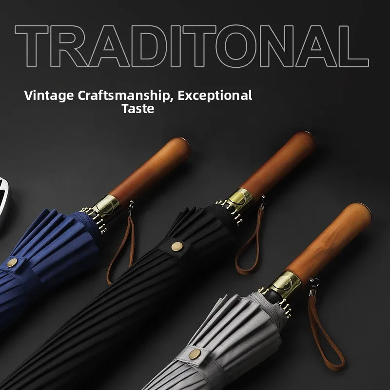 

Long Handle Full Fiber Automatic Business Umbrella Straight Rod Rain Umbrella Wooden Handle Sunshade Function Home Daily Use