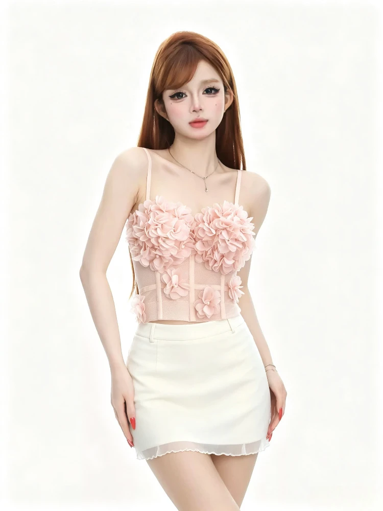 Hotsweet Women Sleeveless Vest Sexy Backless Sweet Floral Straps Camis Short Top French High Street Summer Clothing Y2K Crop Top