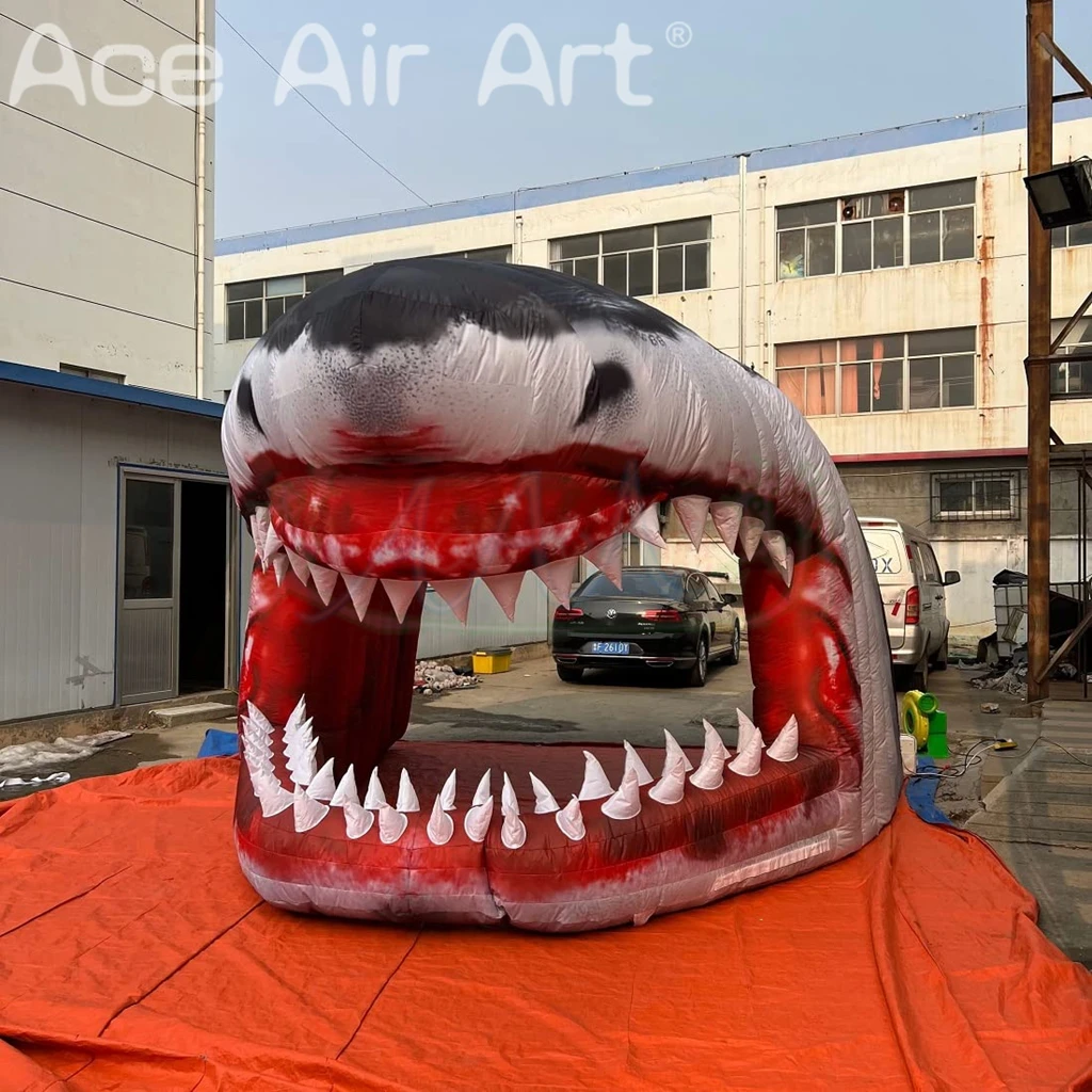 Inflatable Shark Mouth Arch Tunnel Cartoon Model Blow up Air Shark Entrance Tent for Halloween Events Party Ocean Theme Decor