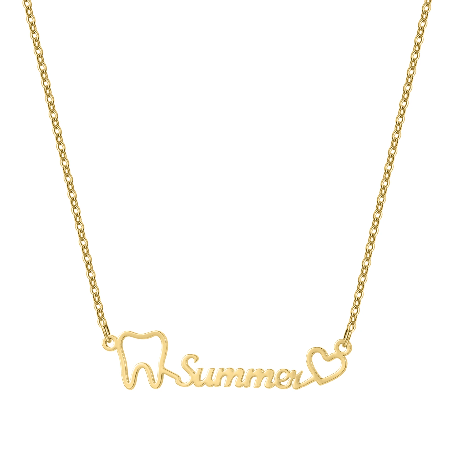 

Teeth Custom Name Necklace Heart Pendant One-Piece Cut 18K Gold Plated Stainless Steel Dental Gift for Dentist Hygienist Her Him