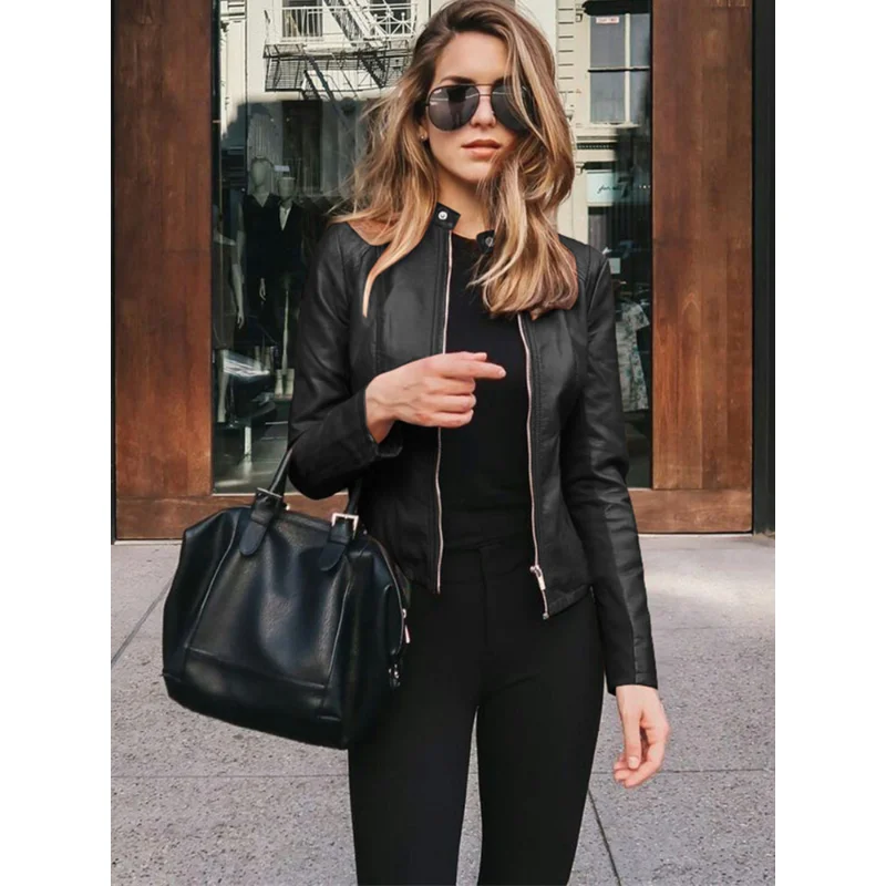 2024 Fashion PU Leather Short Jacket donna blazer Coat primavera autunno Zipper-up Slim Small Outwear Lady Leather Moto Tops S-5XL